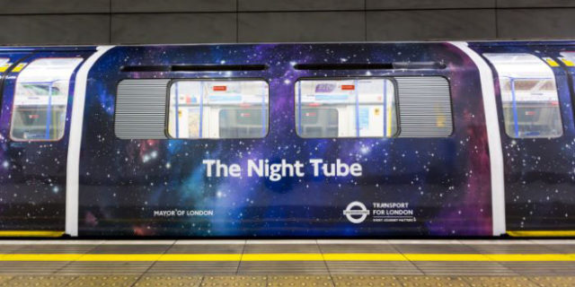 Night Tube train at Heathrow Terminal 5 to announce the night running of the Piccadilly line