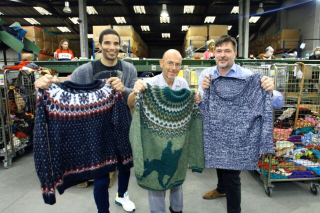 David James, Wayne Hemingway & Bill Bullen, CEO of Utilita Energy at TRAID warehouse in Wembley, London - Utilita's Wear Warm Campaign (2).jpg