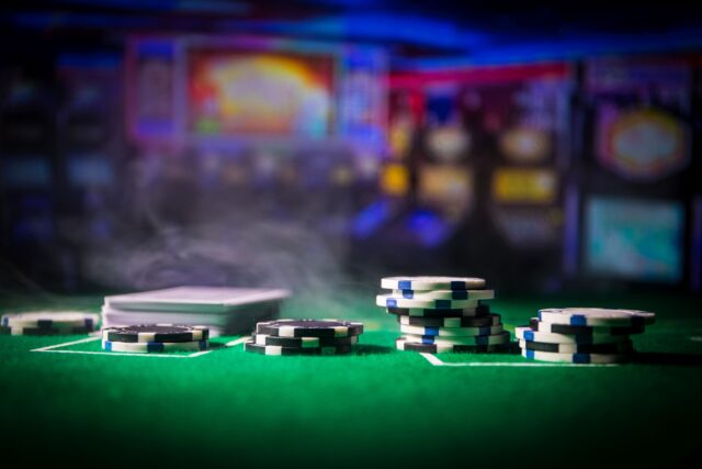 Casino element isolation on the colorful, Slot machine, Roulette while, Dice, Casino chip - image
