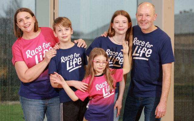 Professor Seth Coffelt from Cancer Research UK will Race for Life with L-R wife Amy & kids Silas, 10, Eden, 8, and Nora,13