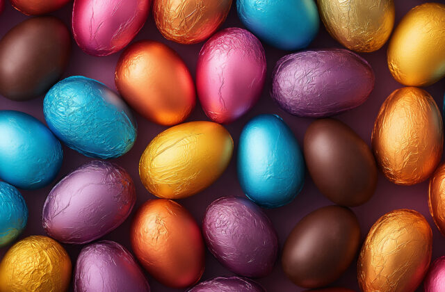 Colourful background of chocolate easter eggs collection banner,