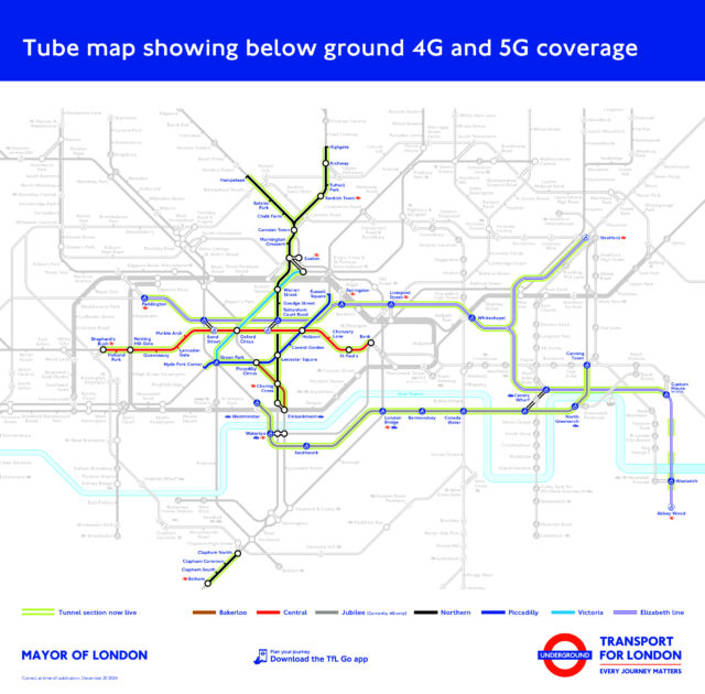 TUBE MAP SHOWING BELOW GROUND 4G AND 5G COVERAGE DECEMBER 2024 UPDATED