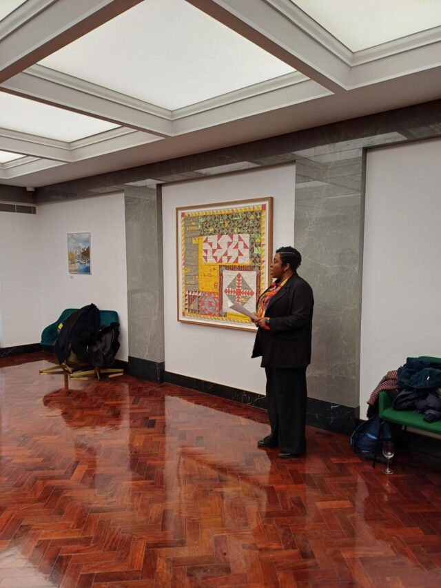 Cllr Sabrina Francis delivering speech at unveiling of artwork