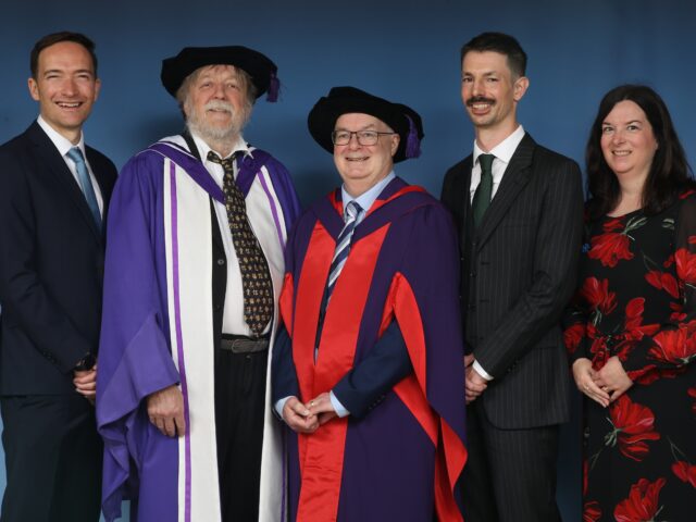 L-R -Dr.Richard Oakley (Alzheimer's Society Associate Director of Research and Innovation), Prof Sir John Hardy (UCL) Stuart Jennings & son John and daughter Emily- credit Marston Events