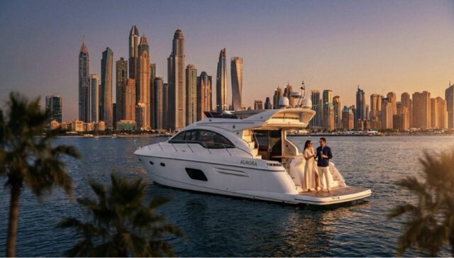 Yacht boat Sleek white luxury motor yacht cruising past the illuminated Dubai Marina skyscrapers at winter sunset, with a stylish couple enjoying champagne on the aft deck