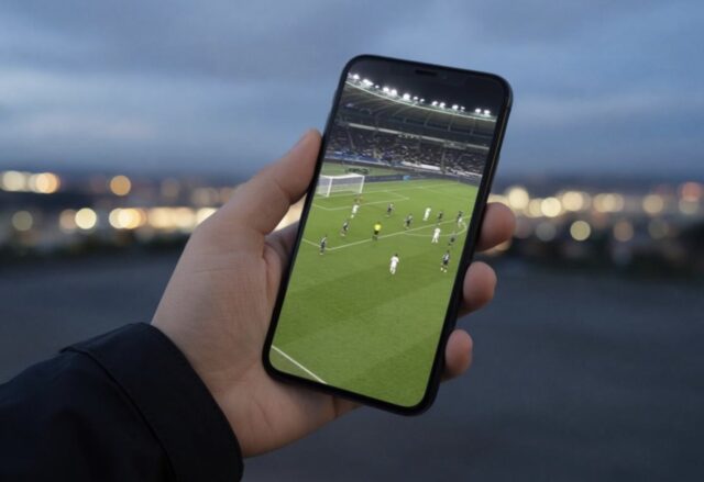 Hand holding a smartphone showing a blurred live sports stream